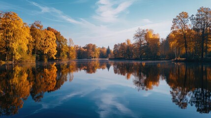 Obraz premium Tranquil lake with autumn reflections