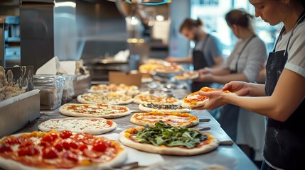 A vibrant pizzeria with customers creating their own pizzas from a selection of toppings