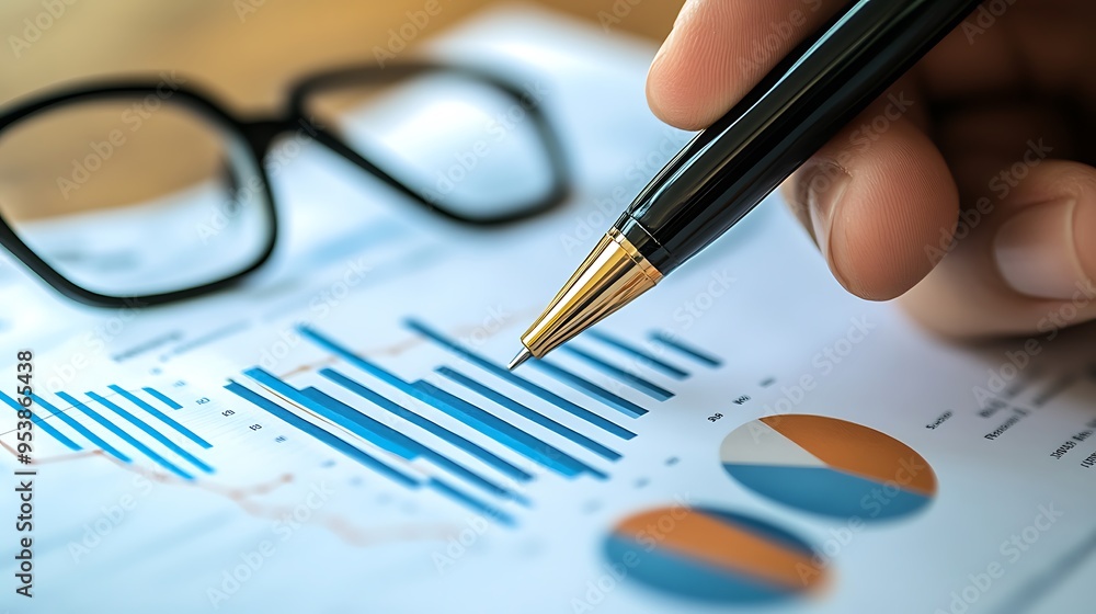 Poster a hand holding a pen points to a bar graph and pie chart on a document.