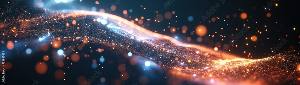 Poster abstract glowing wave of light particles and colorful dust in motion, ideal for backgrounds in futur