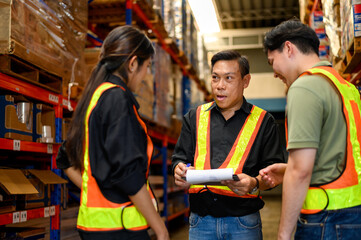 warehouse managers hold clipboard of perform inventory stock goods check list and talking with...