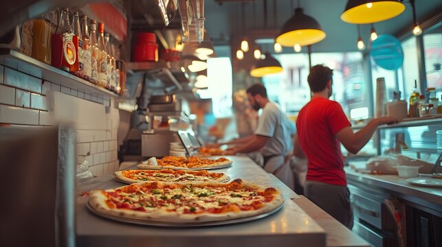 A vibrant pizzeria with customers creating their own pizzas from a selection of toppings