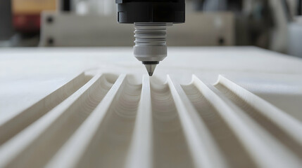 simple straight line being cnc deep cut on a large white mdf mat panel