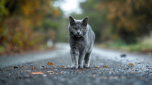 A grey cat walks across a road, surrounded by autumn leaves