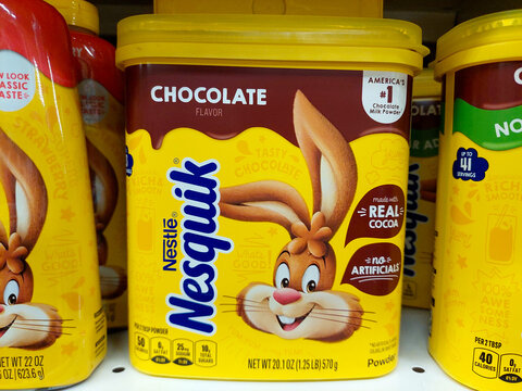 Los Angeles, California &ndash; July 21, 2024: NESQUIK Chocolate on a shelf in a supermarket. Nesquik is a brand of Nestl&eacute;