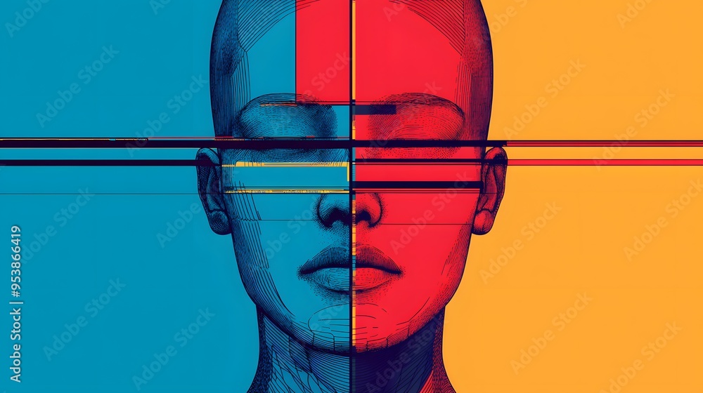 Poster artistic profile with divided color blocks on geometric background
