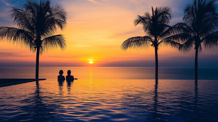 beach holidays for couple in luxury hotel, banner background with copyspace, man and woman relaxing near swimming pool at sunset, Ai