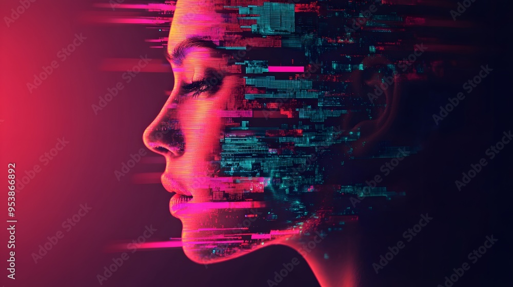 Poster side profile of a human face with glitch effect and digital distortion in abstract style