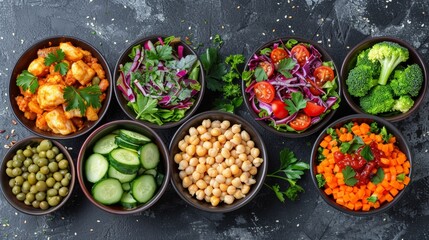Bowls of fresh food ingredients, fruits and vegetables