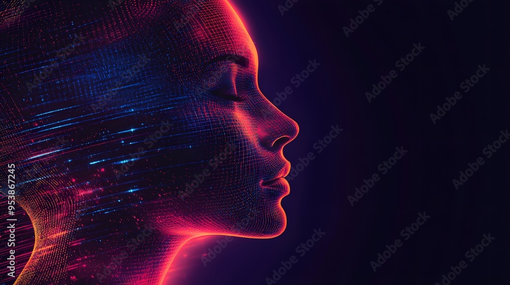 Poster digital side profile of a human face with colorful neon streaks and flowing abstract patterns