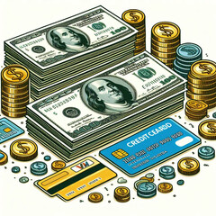 Fototapeta premium Free Money vector money photo Gold coins and banknotes 3d cartoon style icon black Friday 