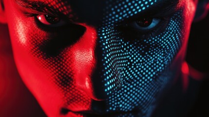 Intense Gaze: A Man's Face Illuminated by Red and Blue Light