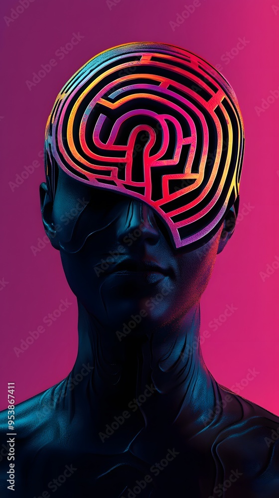 Poster abstract digital head with a colorful maze pattern in a futuristic design