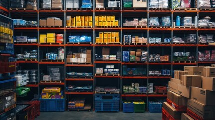 A warehouse with rows of stocked shelves and pallets of goods