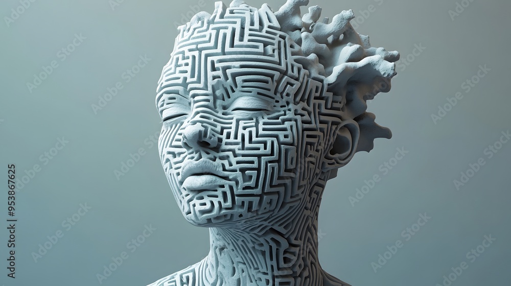 Poster front view of a humanoid figure with closed eyes covered in deep maze-like patterns