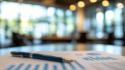 Organized Desk with Business Documents and Data Visualizations in Blurred Office Setting