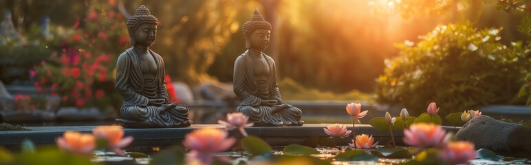 Meditating Buddha Statues on a pond surrounded by flowering trees and lotuses