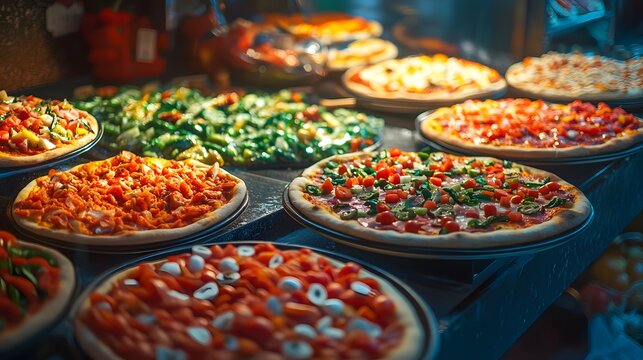 A vibrant display of fresh pizza toppings in a playful pizzeria