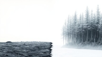 Monochrome Photography of a Dramatic Transition Between an Open Grassland and a Mystically Foggy Pine Forest