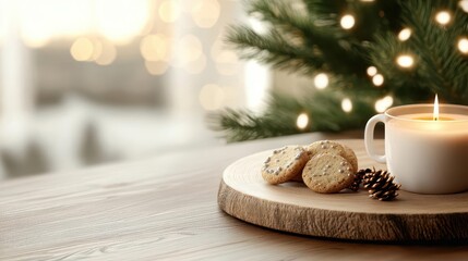 A cozy holiday scene featuring a candle, cookies, and festive decorations, creating a warm and inviting atmosphere.