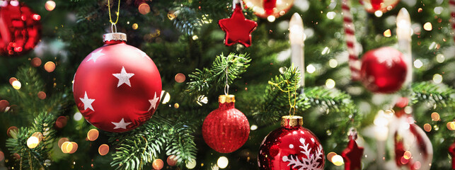 Christmas tree with red balls and garland lights