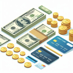 Fototapeta premium Free Money vector money photo Gold coins and banknotes 3d cartoon style icon black Friday 