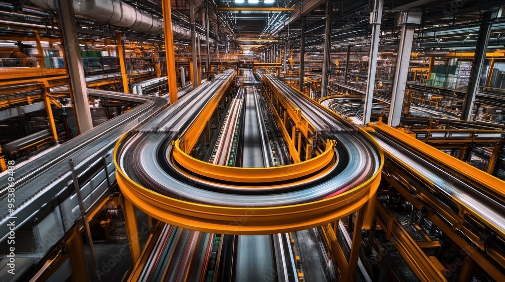 Poster conveyor belt system in a factory with motion blur