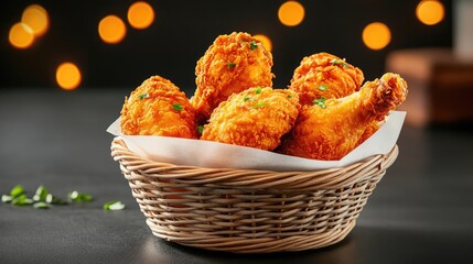 A basket of fried chicken pieces placed on a dark black surface under dramatic lighting emphasizing the deep golden-brown crust and the hot