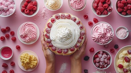 Baking a cake, mixing ingredients, decorating the finished product