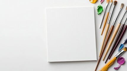 A bright white background highlighting a painter's canvas and brushes under soft studio lights perfect for promoting artistic supplies focusing on creativity and elegance