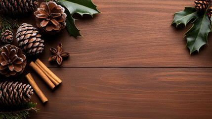 Naklejka premium A cozy wooden background adorned with pinecones, cinnamon sticks, and green leaves perfect for holiday themes and seasonal decor.