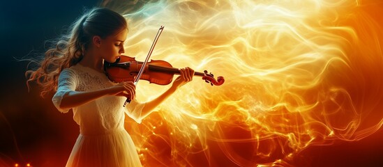 Fototapeta premium Girl playing the violin , an emotional violinist girl playing in front of a fiery backdrop, International Music Day,