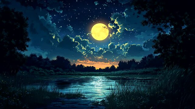 Full moon illuminating a calm river under a starry sky, surrounded by lush greenery. Night landscape concept. Seamless looping 4k time-lapse video background