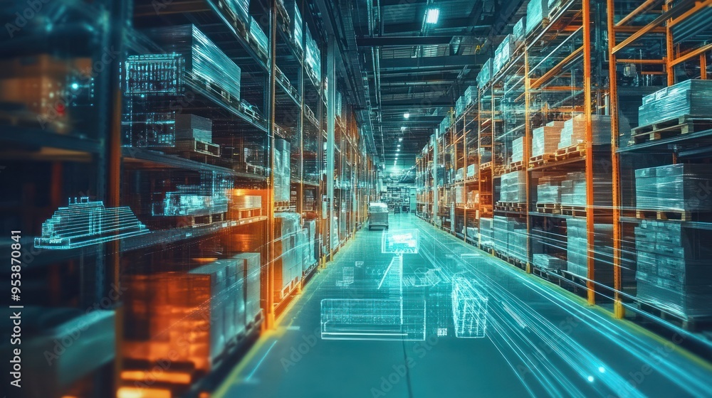 Poster futuristic warehouse with holographic projections of automated processes