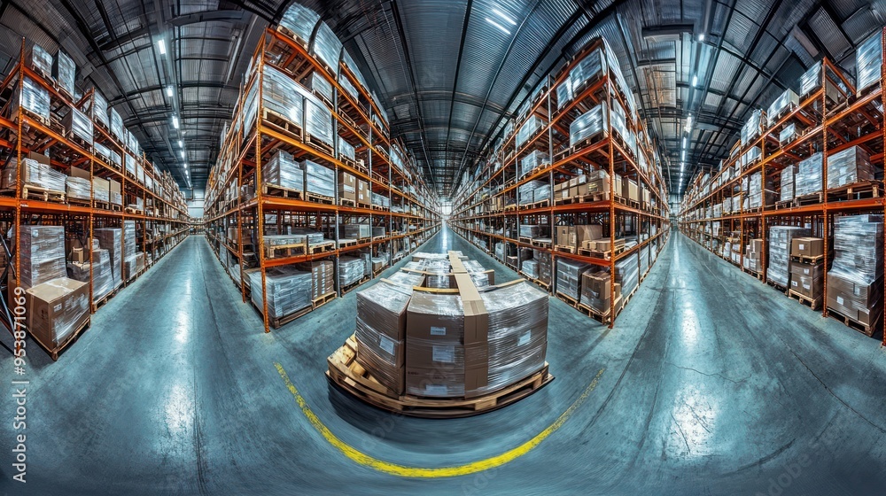 Poster warehouse interior with pallet of boxes and yellow line on floor