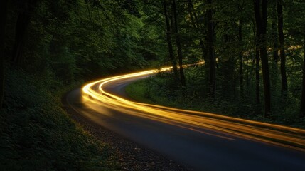 Obraz premium Winding Road Through Forest at Dusk