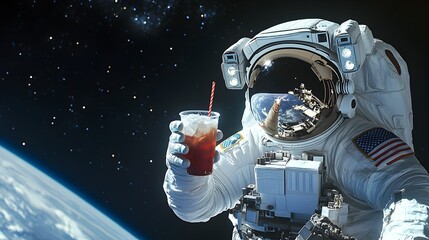 Astronaut Casually Sipping Drink Outside International Space Station in Outer Space