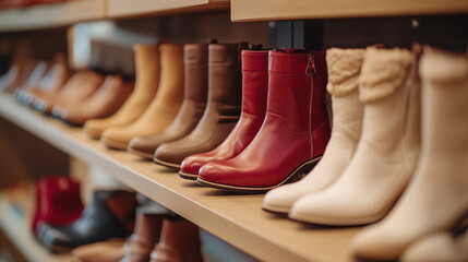 women's shoes on the shelves in the store. Pavilion of a store with fashionable women's shoes. Leather autumn-winter boots.