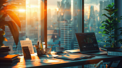 Obraz na płótnie Canvas City Sunset Office Desk.