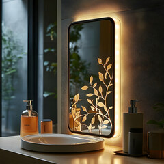 Modern Bathroom with Illuminated Mirror and Sink - Illustration