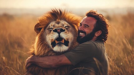 Man and Lion Embrace in a Touching Display of Affection