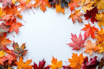 Fototapeta premium Autumn Maple Leaves Flat Lay White Background created with Generative AI