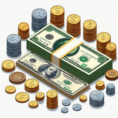 Fototapeta premium Free Money vector money photo Gold coins and banknotes 3d cartoon style icon black Friday 