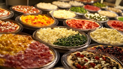 Fototapeta premium A colorful array of pizza toppings ready for customers to create their own pizzas