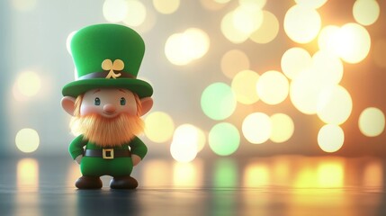 A charming 3D leprechaun in a green top hat stands amidst a soft bokeh background, evoking a whimsical St. Patrick's Day atmosphere
