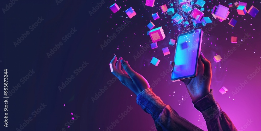 Poster hands reaching out with a smartphone surrounded by floating colorful cubes on a dark purple backgrou