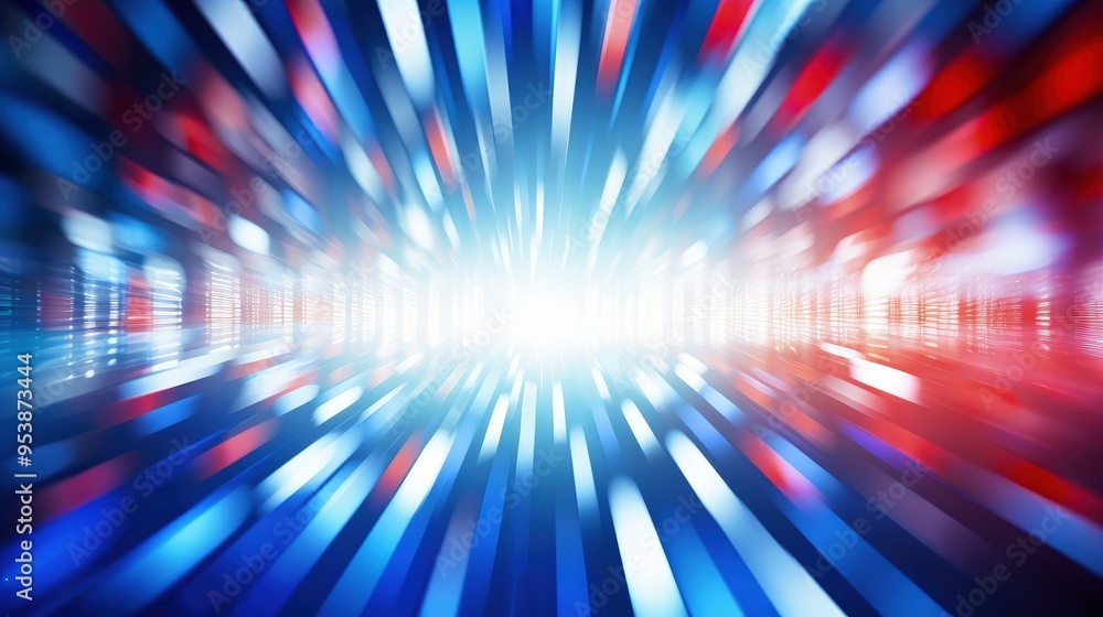 Poster a vibrant abstract image featuring dynamic blue and red streaks converging towards a bright center, 