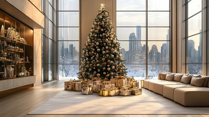 Christmas tree with gold and silver decorations in a luxurious modern living room with cityscape view