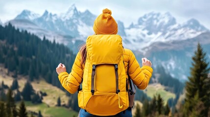 A hiker enjoys breathtaking mountain scenery with a vibrant yellow backpack and winter gear in a serene outdoor environment.