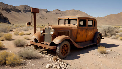 Abandoned car vintage rusted car abandoned in a rural, close-up capture of  rustic old car ruins in the country